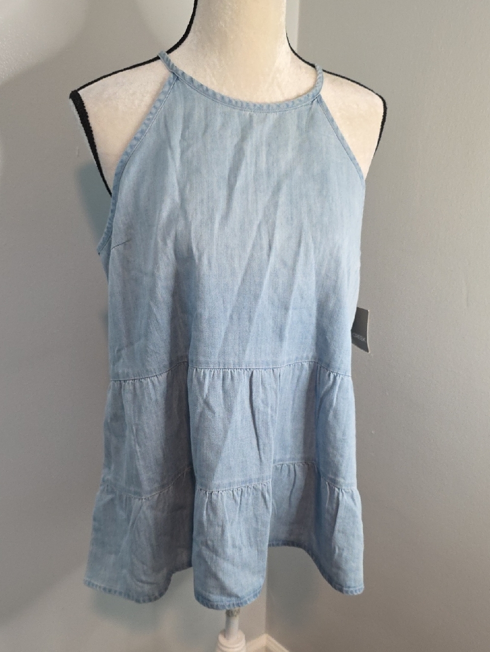 Light Wash Chambray Tiered Halter Blue Tunic / Large